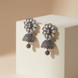 Oxidized Silver Crystal Jhumkas