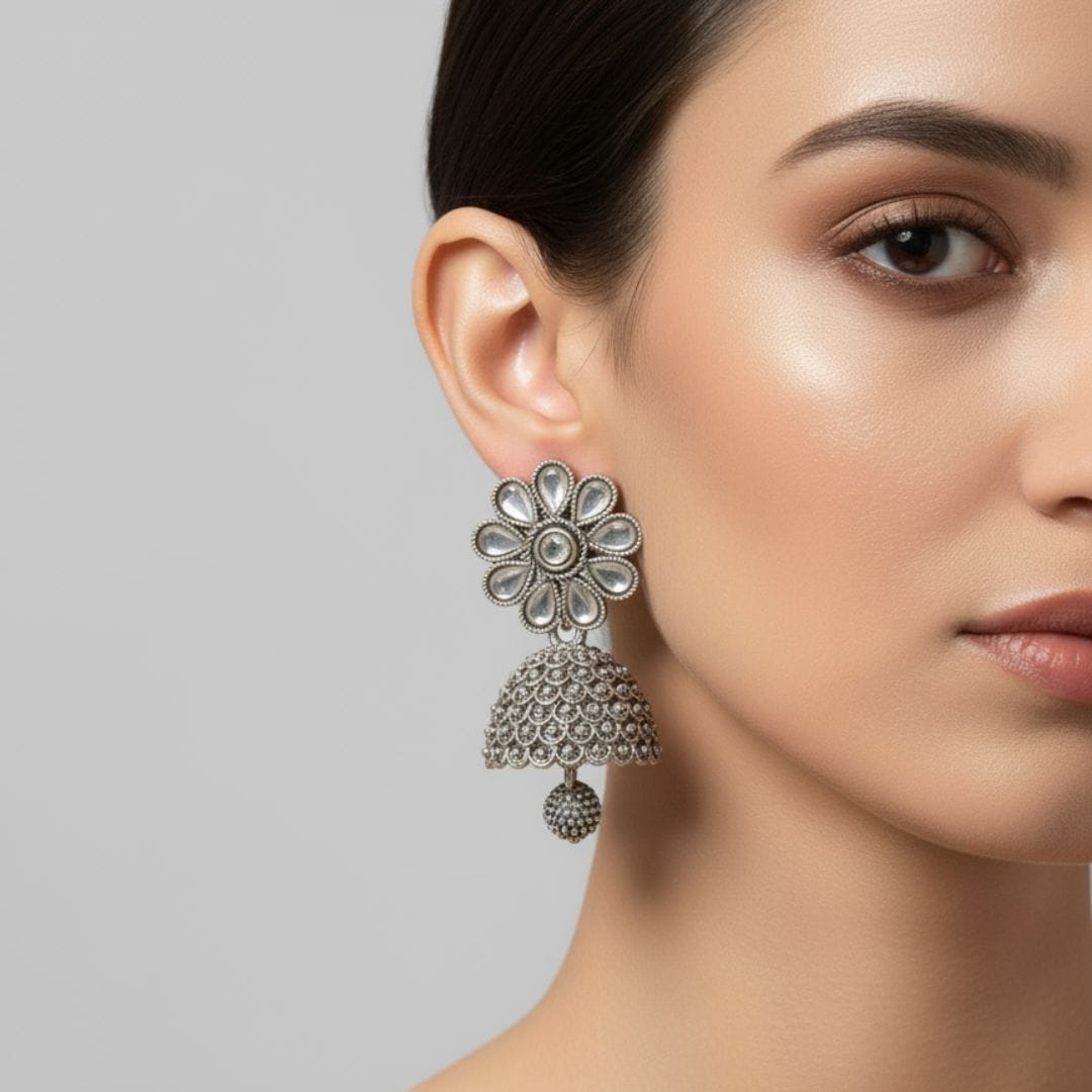 Oxidized Silver Crystal Jhumkas