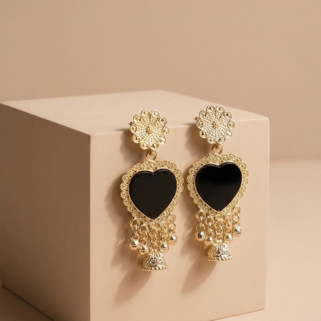 Black Heart Gold Chandelier Earrings