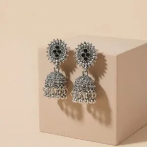 Black Stone Oxidised Silver Jhumka Earrings
