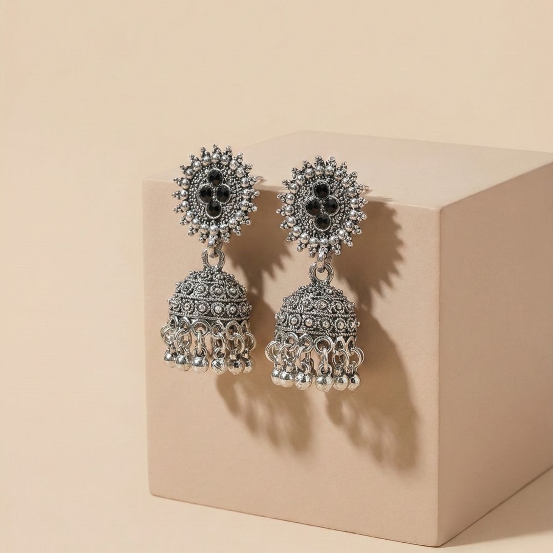 Black Stone Oxidised Silver Jhumka Earrings