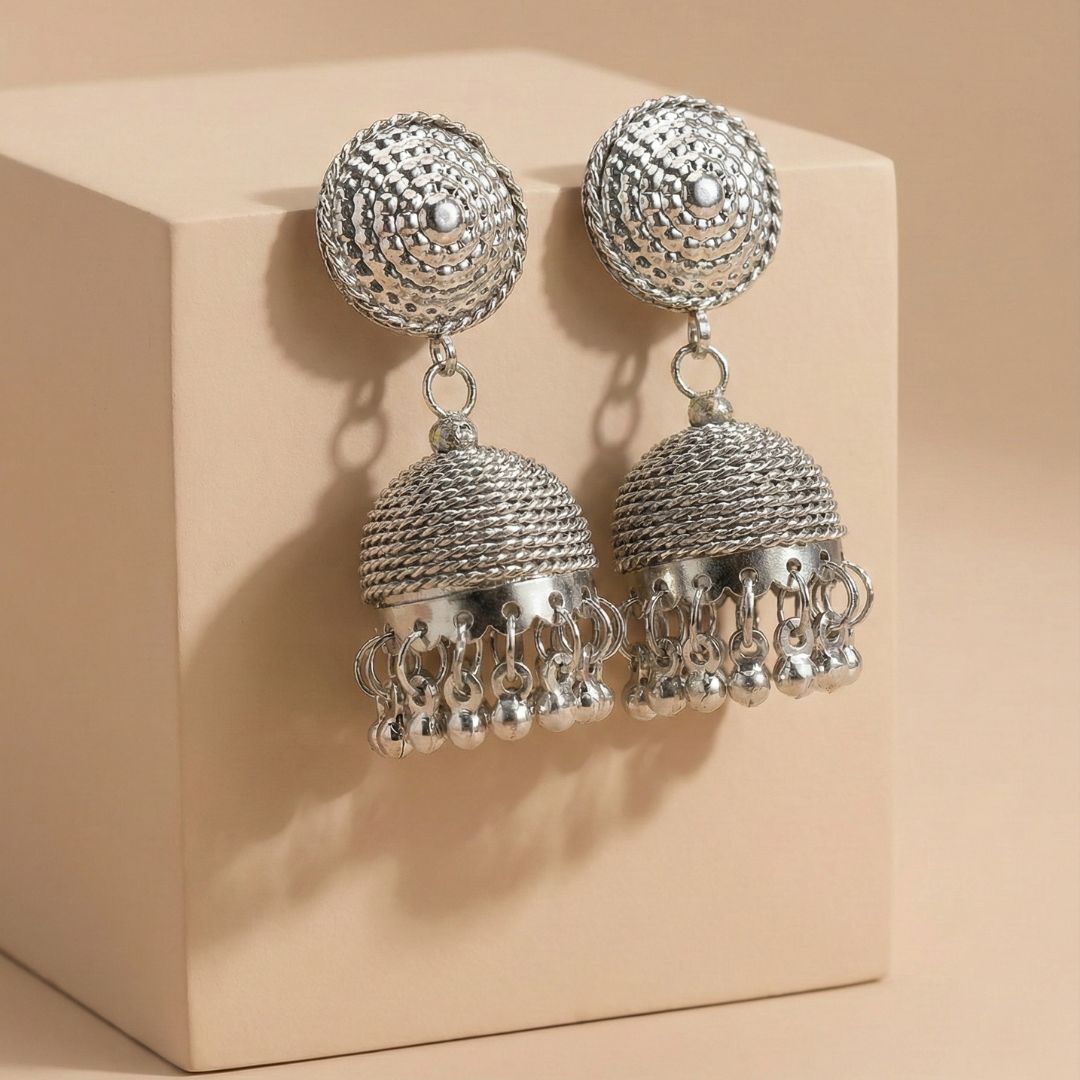 Classic Oxidised Silver Dome Jhumka Earrings