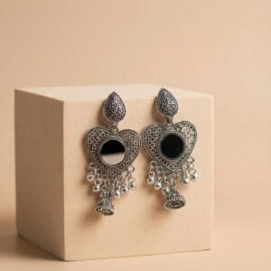Mirror Heart Oxidised Silver Jhumka Earrings