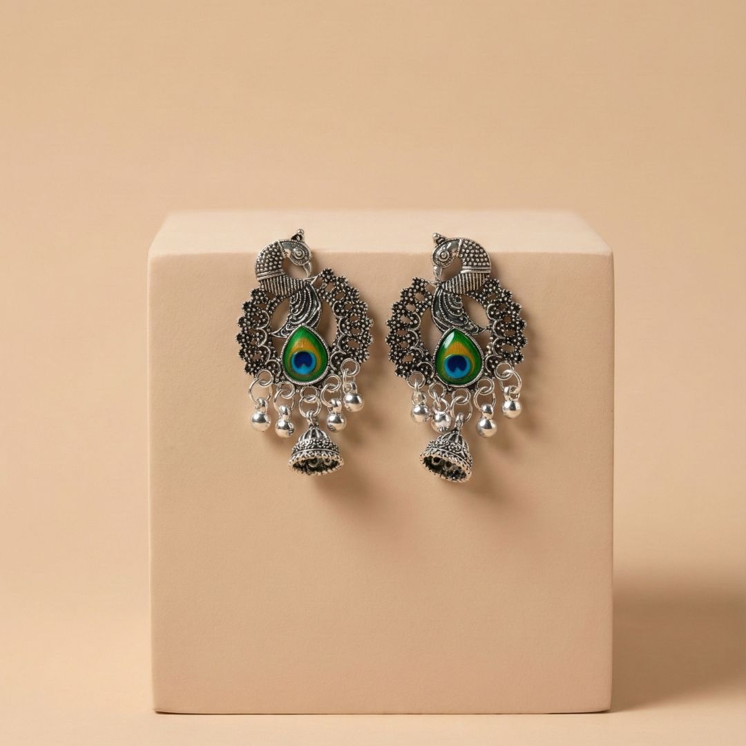 Peacock Charm Oxidised Silver Chandelier Earrings