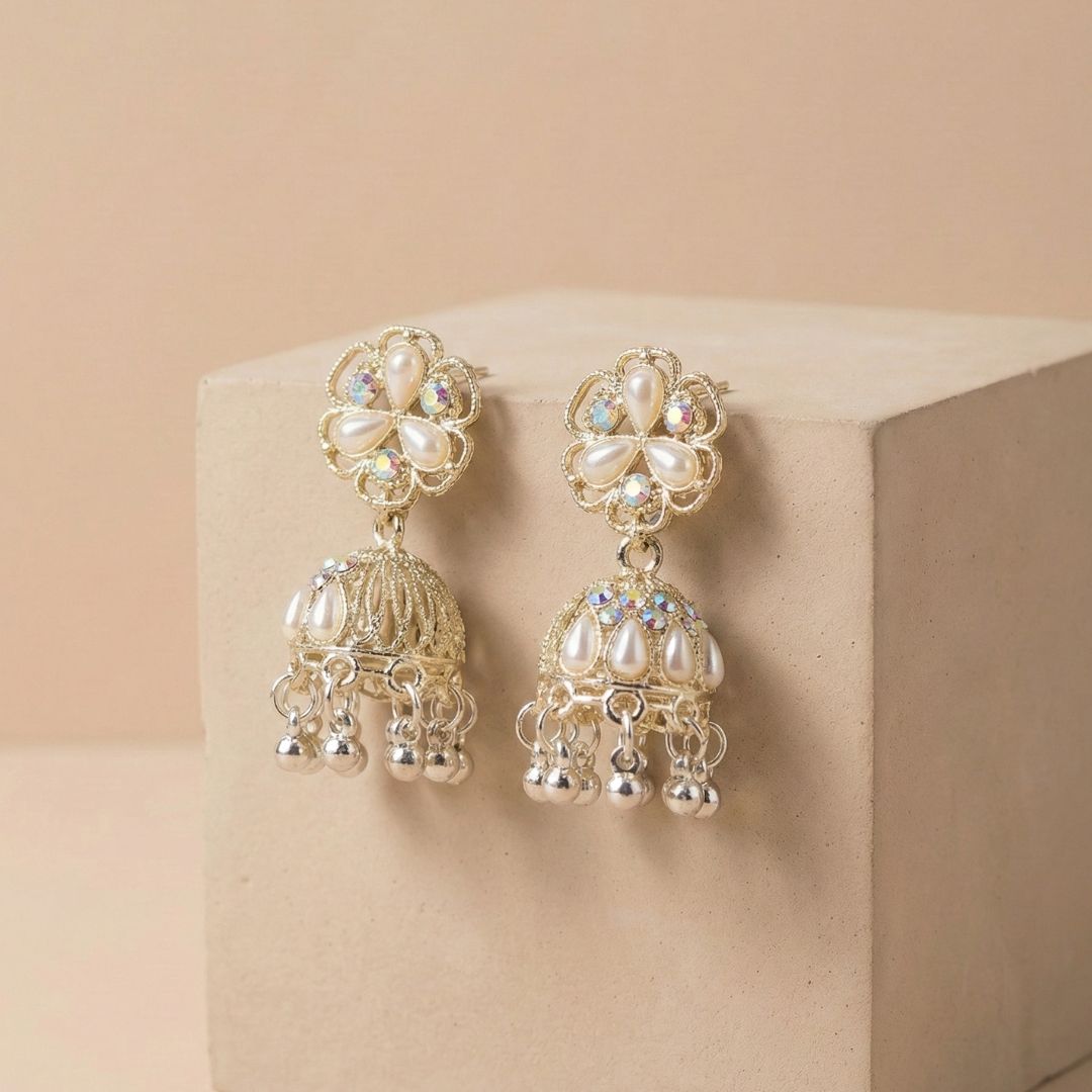 Pearl Bloom Gold Jhumka Earrings