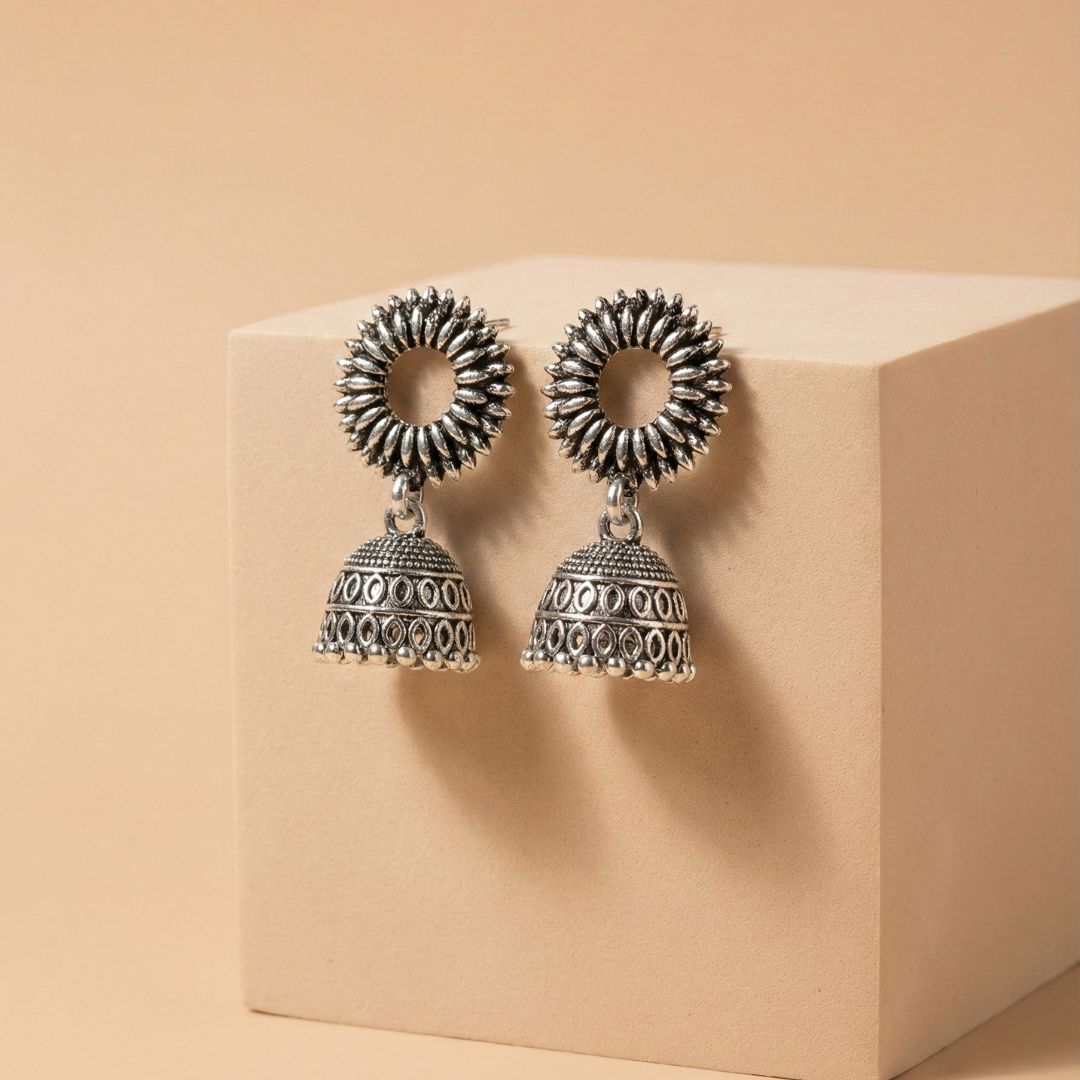 Sunburst Oxidised Silver Jhumka Earrings