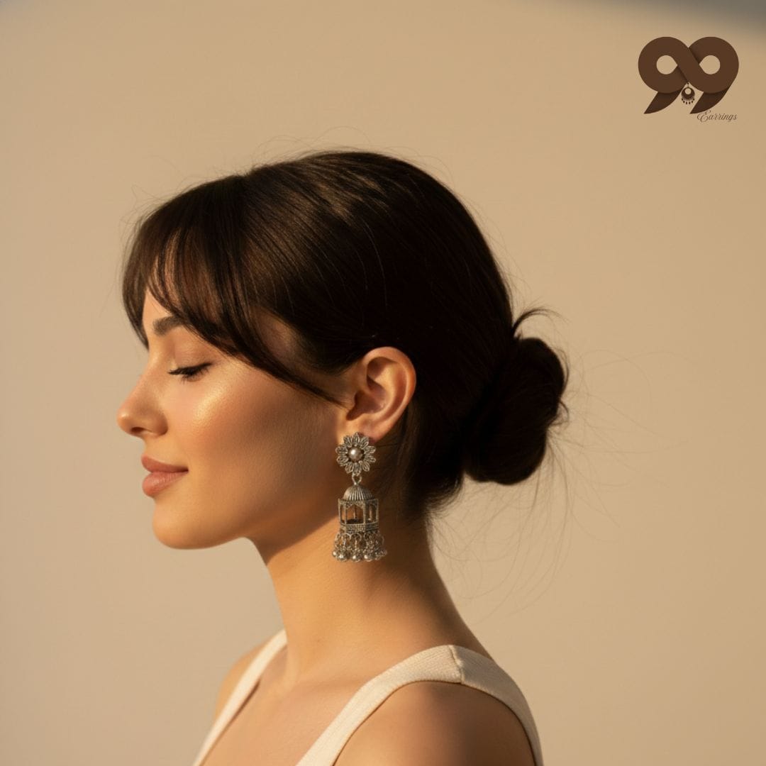 Silver Mandala Bloom Cage Jhumkas